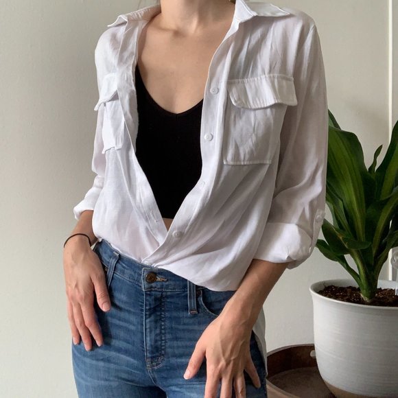 None Tops - Classic White Button Down Blouse
